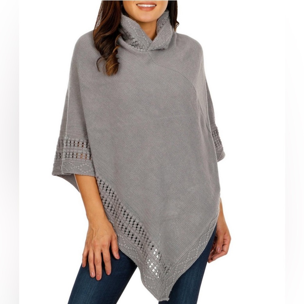 Steve Madden‎ Hooded Poncho Knit Asymmetrical Hem Charcoal Gray Cozy Cabin Core